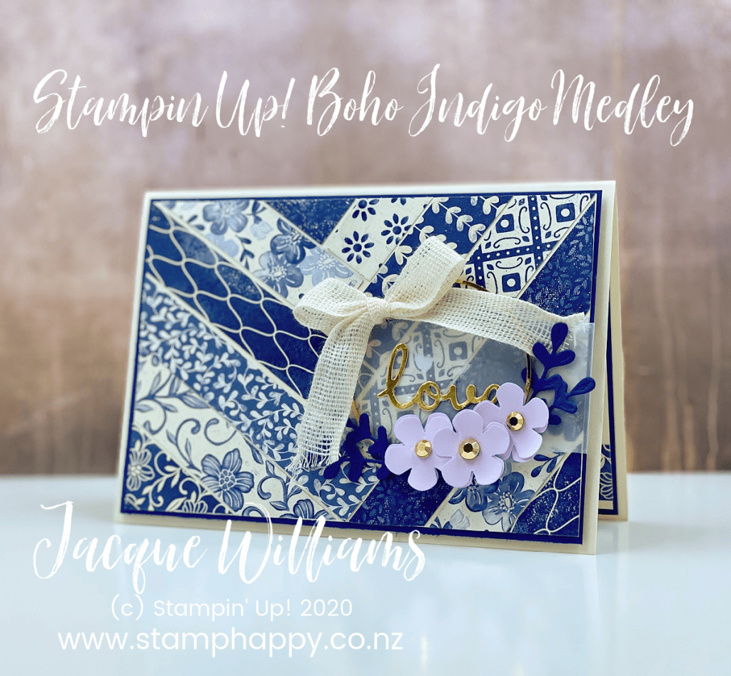 stampin up boho indigo medley herringbone diagonal background cardmaking card kits new zealand navy vanilla wreath gold hoop