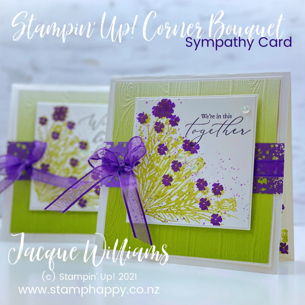Get a multi colored image with the Corner Bouquet without coloring in the stamp!  Make a pretty sympathy card using non-traditional colors of Pear Pizzazz and Gorgeous Grape.  Rubber Stamping in New Zealand Card Classes