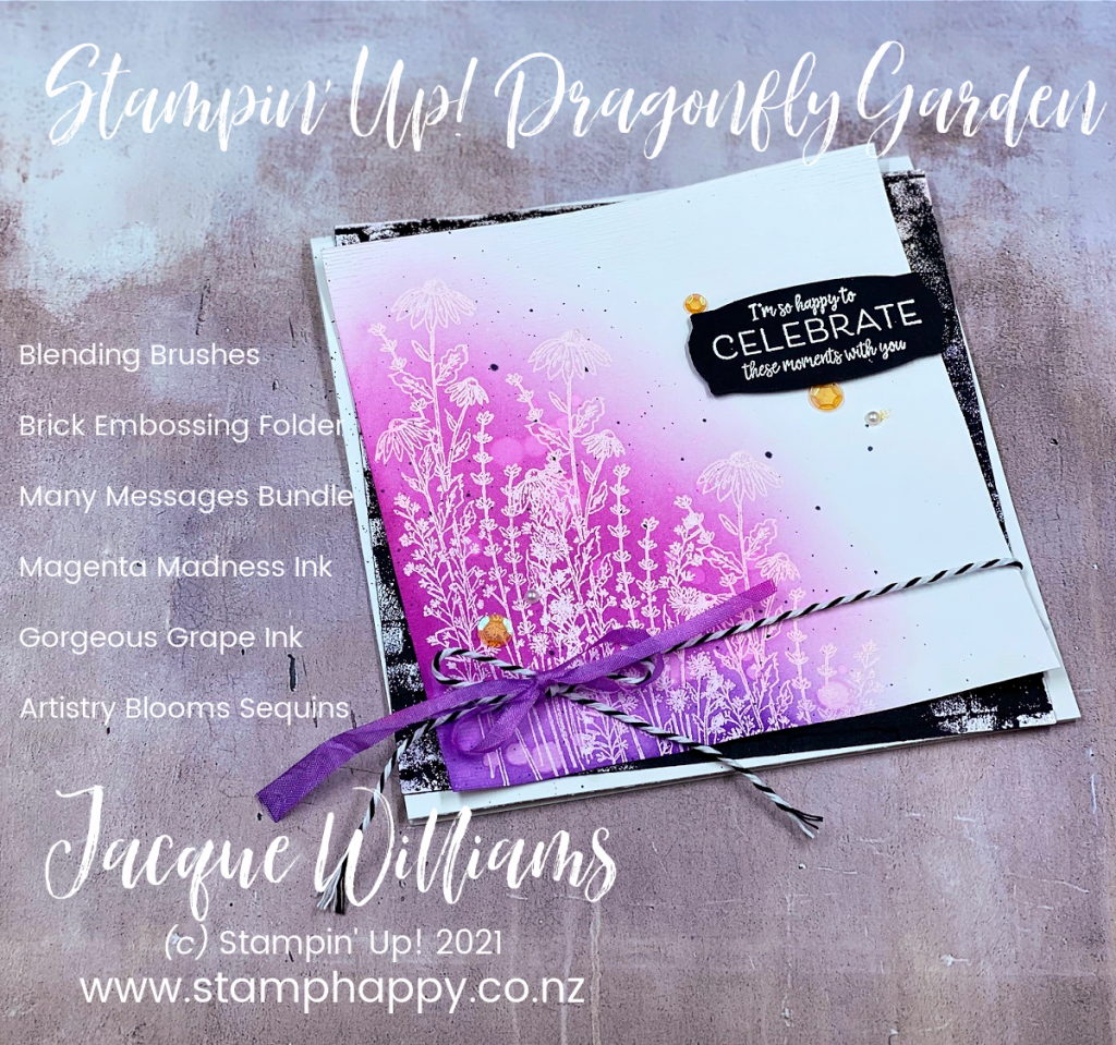 Create a beautiful emboss resist project with bright colours and the wispy flowers in the Dragonfly Garden Set.  You'll love how beautifully the new Blending Brushes add soft color to your projects!  Jacque Williams New Zealand Stampin' Up! Stamping Classes