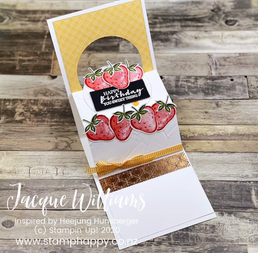 Create a fun pop up birthday card with a surprise strawberry cake inside!  Stamping classes New Zealand - Jacque Williams 
Stampin Up Sweet Strawberry Pop Up Fun Fold Card