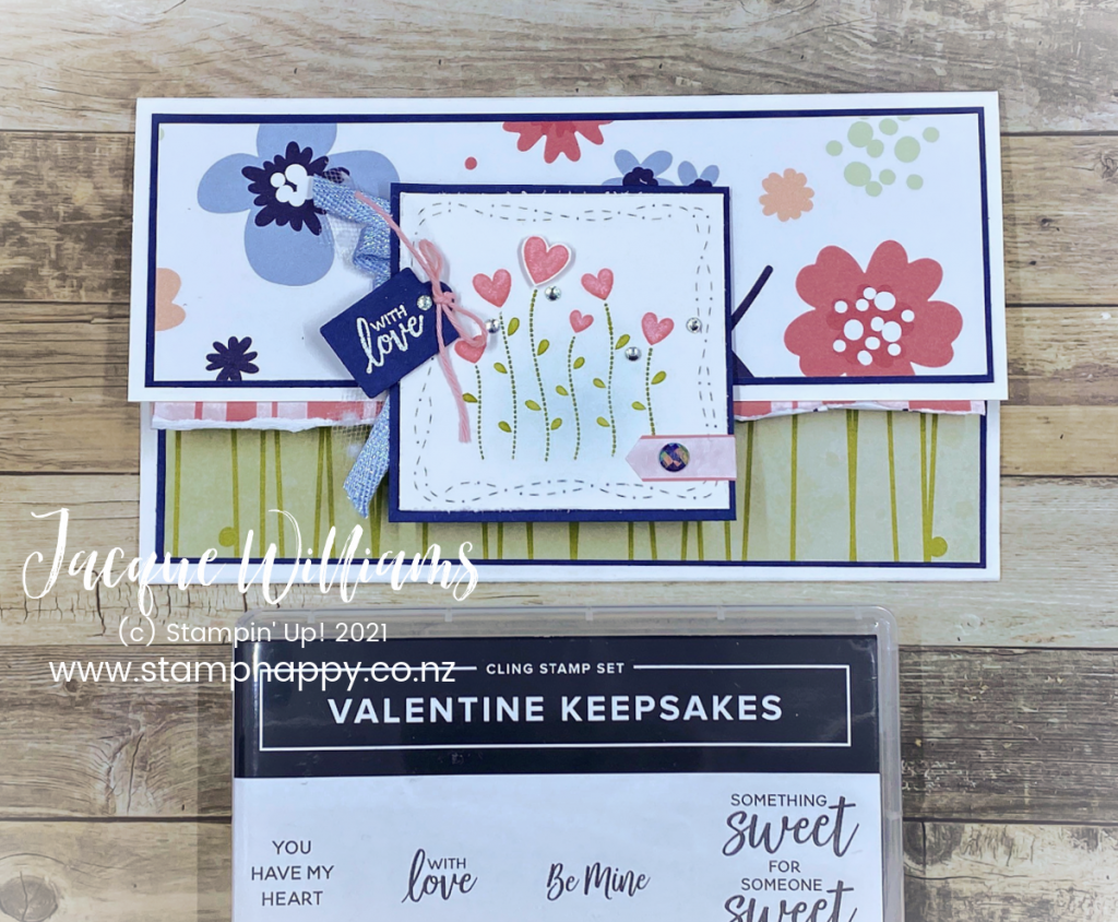 Stampin' Up! is perfect for stamping Valentine Keepsakes!  Make this cute , easy wallet card with the Valentine Keepsakes and the Stitched with Whimsy dies.  Stamping Classes New Zealand 
