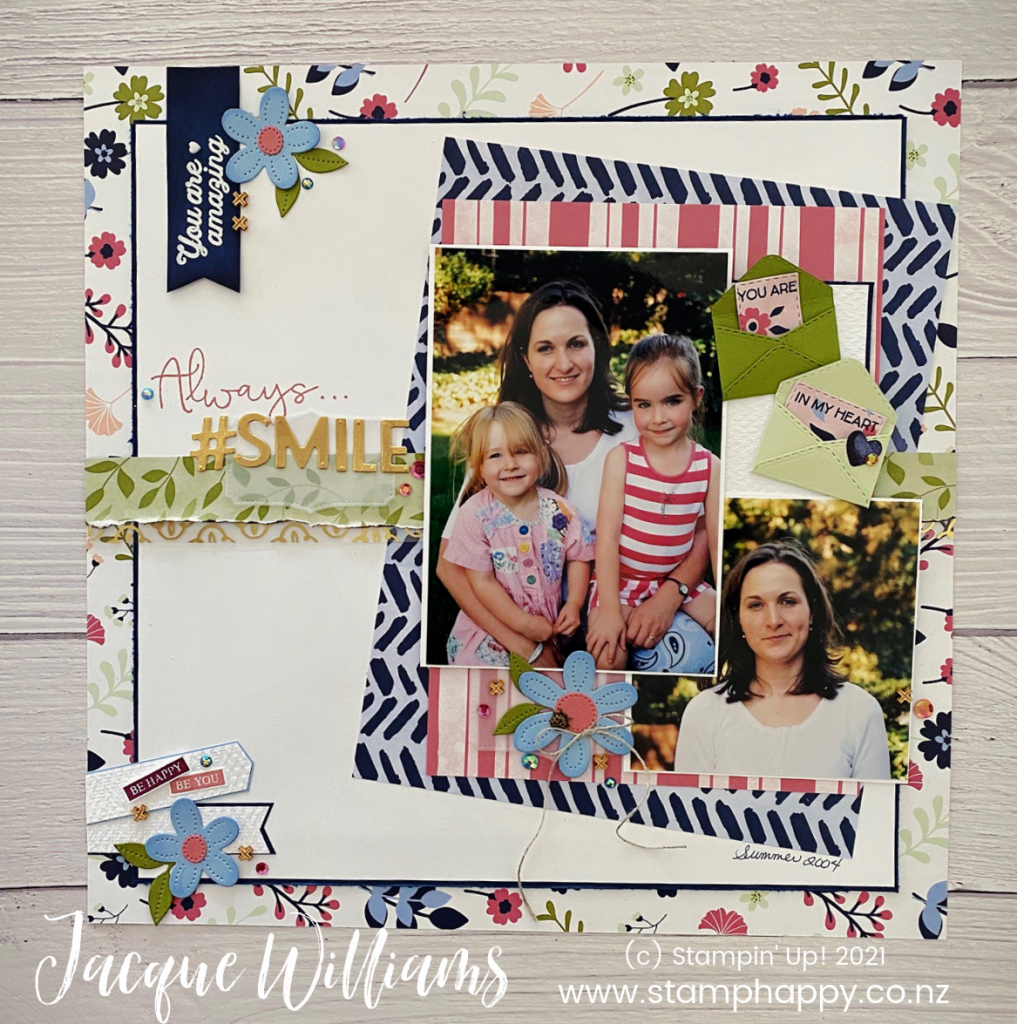 Make a well balanced layout using a visual triangle between your photos and embellishment areas.   The Pierced Blooms dies and the Paper Blooms papers are a great match; get the Paper Blooms papers FREE during February 2021.  Scrapbooking classes in New Zealand.  