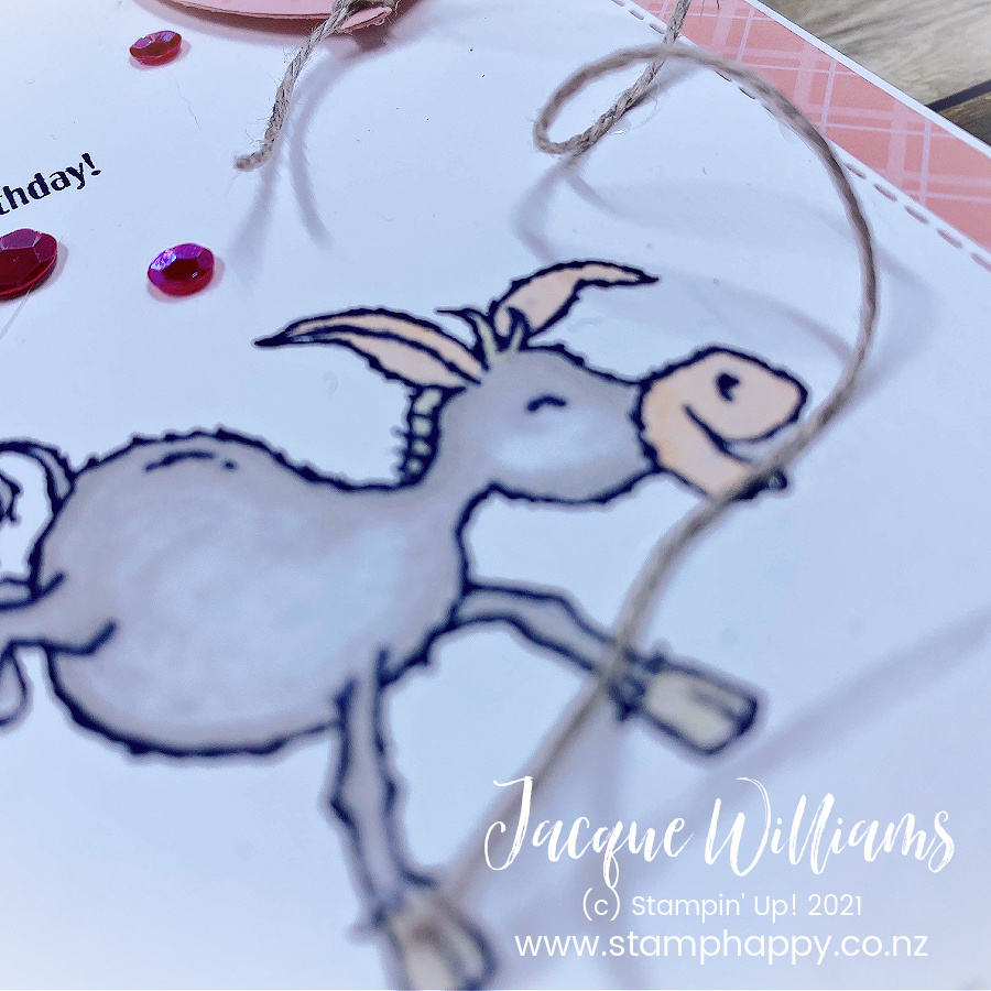 Make a cute birthday card in any color for a loved one with the Darling Donkeys set!  Add the Balloon Punch to quickly and easily create any number of birthday cards!  stamp classes New Zealand 