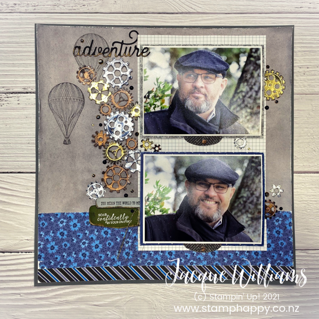 Create a masculine, steampunk double page scrapbook layout with the Garage Gears Dies and gold, silver, and copper foil!   scrapbook classes new zealand