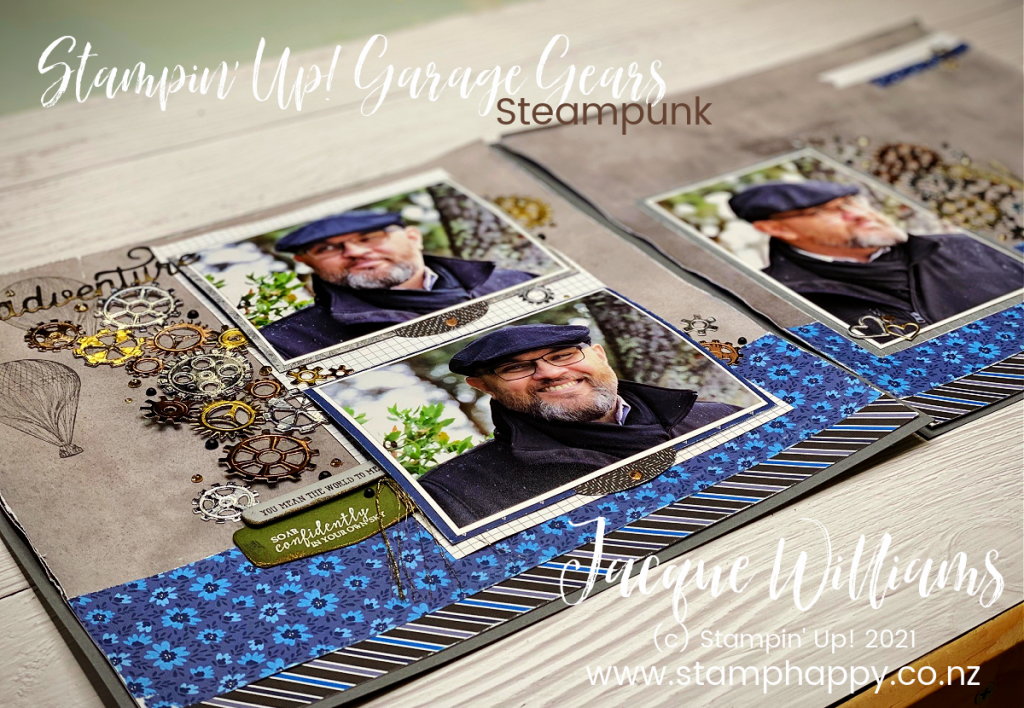 Create a masculine, steampunk double page scrapbook layout with the Garage Gears Dies and gold, silver, and copper foil!   scrapbook classes new zealand