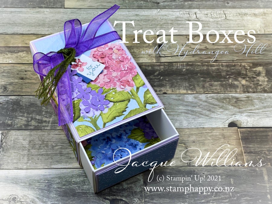 Make beautiful packaging quickly and easily with the Treat Boxes and the Hydrangea Hill papers!  Perfect for a gift you want to make special.  Join me for crafting and stamping classes in New Zealand!  Kits available in the mail.