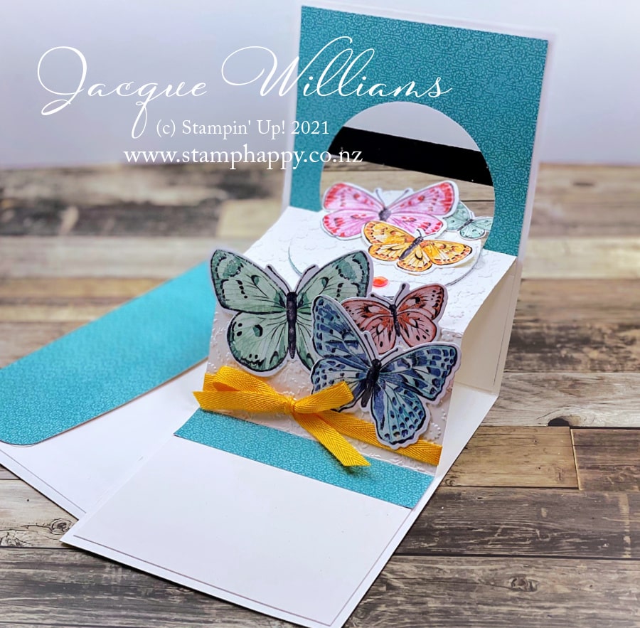 Make a fun pop up card with bright colors and sweet butterflies!  Send someone you love a smile in the mail.  Join me for a card making class in New Zealand - Jacque Williams 