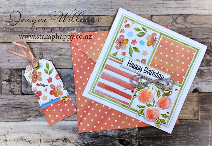 Create a four square card with the Pretty as a Peach papers and stamp and die bundle!  Video tutorial with Jacque Williams, New Zealand