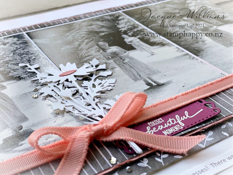 Create a beautiful scrapbooking layout using strips and scraps of the Beautifully Penned papers.   Scrapbook classes in New Zealand with Jacque.  
