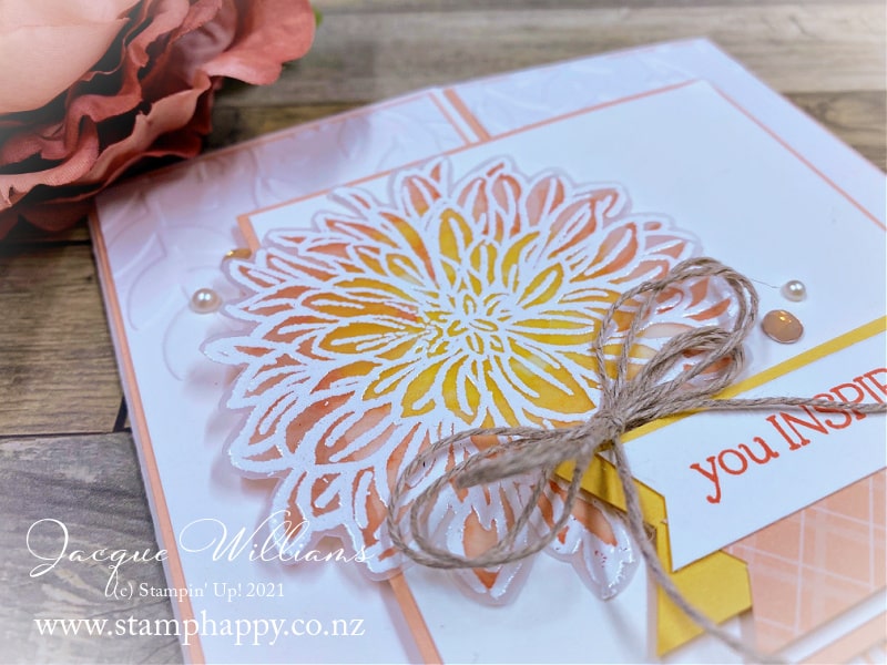 Stamp and color on Vellum for a very different look to the Delicate Dahlias stamp images.   This creates a soft, ethereal effect and is another use for your Stampin' Blends.  