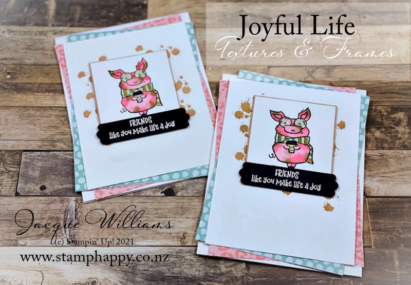 The adorable pig image in the Joyful Life stamp set colors up so cutely by mixing both the Flirty Flamingo and the Crumb Cake blends.  