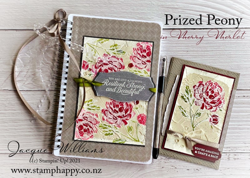 Create personalized and unique gifts by altering notebooks with the Prized Peony stamp set and the emboss resist technique.  Jacque Williams as StampHappy in New Zealand for craft classes and inspiration