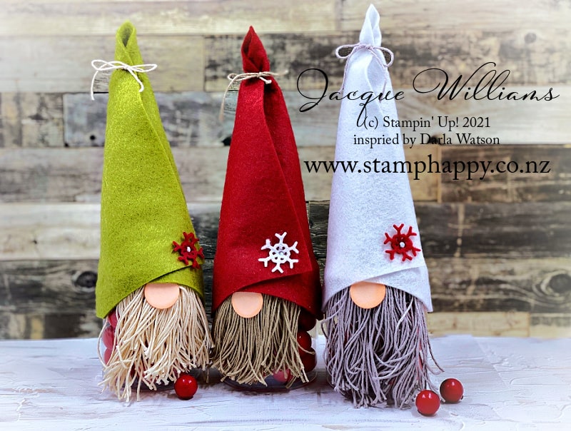 Make a cute DIY Gnome with felt and the mini jam jars.  No sewing and a great family activity!  Idea by Darla Watson.   Video Tutorial and supply list here in my stamping studio.   