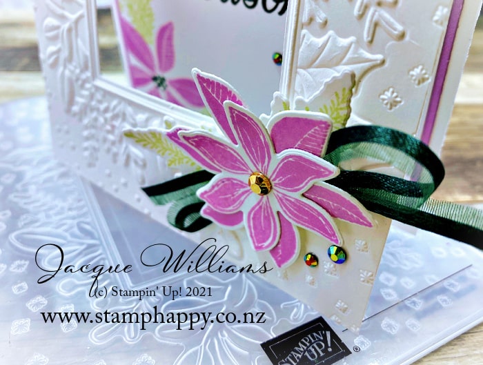 Create an easy one layer window card not only for Christmas, but any occasion!   Featuring the Merriest Moments bundle in fresh colors.   Stamp classes with Jacque Williams