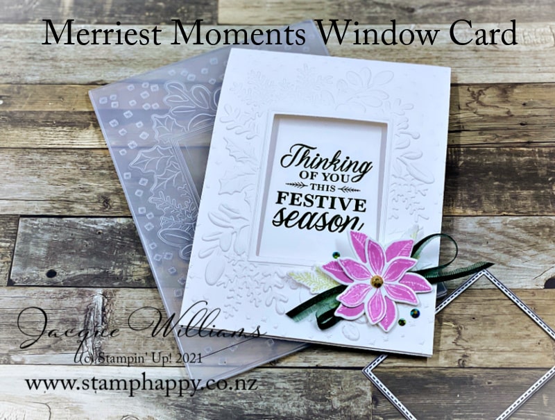 Create an easy one layer window card not only for Christmas, but any occasion!   Featuring the Merriest Moments bundle in fresh colors.   Stamp classes with Jacque Williams