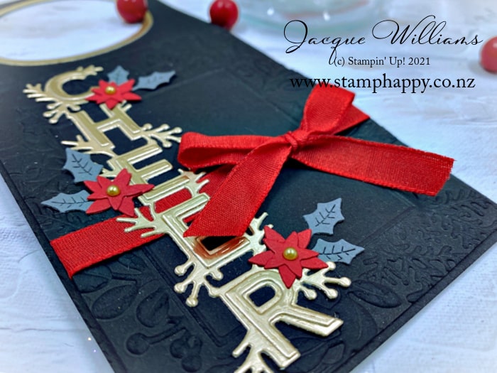 Make a gorgeous wine bottle tag for a customized and personal diy gift.   Hidden card inside so you can write your well wishes or congratulations.  Using the Stampin' Up! Words of Cheer bundle.   
Jacque Williams for StampHappy 