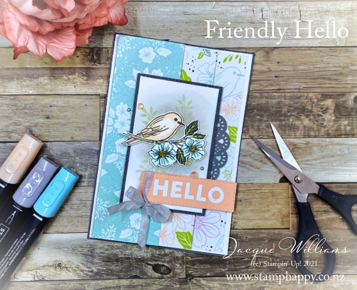 Make an easy fun fold card with your favorite double sided printed paper!  My sample features the Friendly Hello papers and stamp set.  with Jacque Williams 