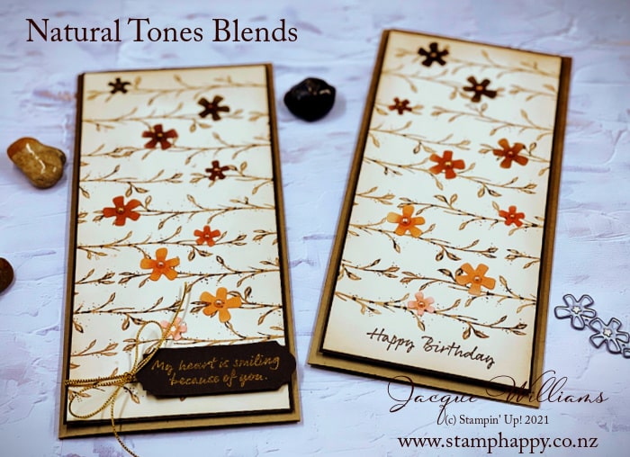 Flowers can be beautiful in brown, natural tones!   Try this sepia monochromatic slimline card with the Wildflower Path stamp set and the In the Tropics die set.  with Jacque Williams 