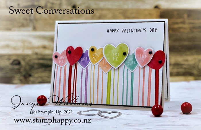 Make a quick, CUTE Valentine with pre-printed conversation hearts and rainbow striped paper!   Featuring the Sweet Talk papers and coordinating dies with Jacque Williams 