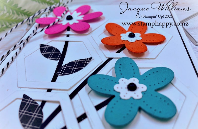 Create a clean and simple card with the Abstract Beauty and the Pierced Bloom dies!   Fun and whimsical way to showcase bright blooms with Jacque Williams.   