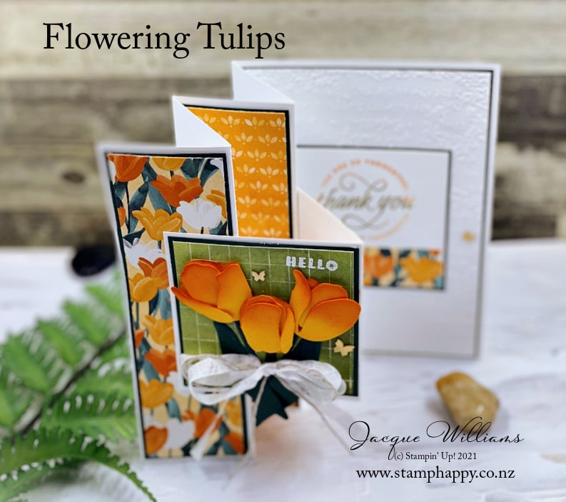 Create and easy and gorgeous fun fold card with just a few score lines!  Featuring the Flowering Tulips with Jacque Williams 