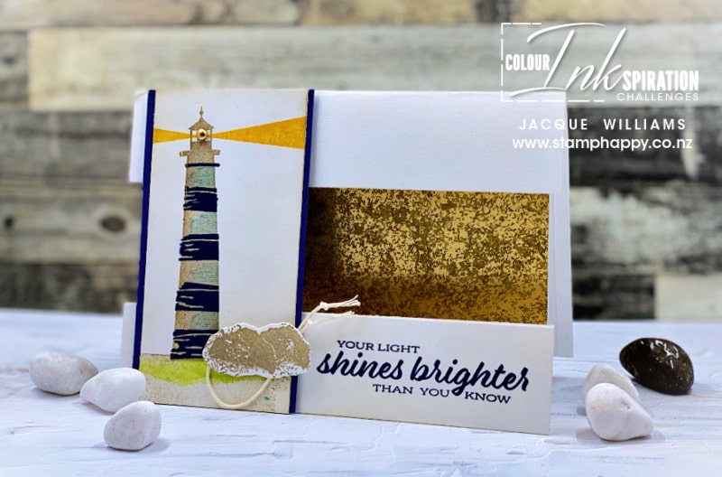 The Lighthouse Point stamp set makes a great masculine fun fold card, even in these non-traditional colors!  with Jacque Williams