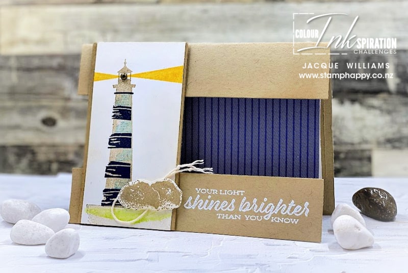 The Lighthouse Point stamp set makes a great masculine fun fold card, even in these non-traditional colors!  with Jacque Williams
