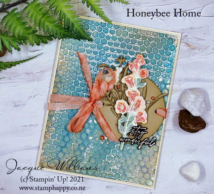 Beautiful vintage style card with the Honeybee Home bundle and the Hive Embossing Folder.  Try this messy watercoloring technique if you don't have time for precise coloring in! 