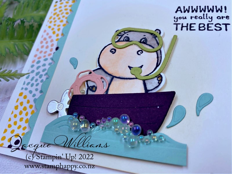 Create adorable birthday or baby cards with the Hippest Hippos stamp set and the Hippos Dies!  Free with qualifying order with me.