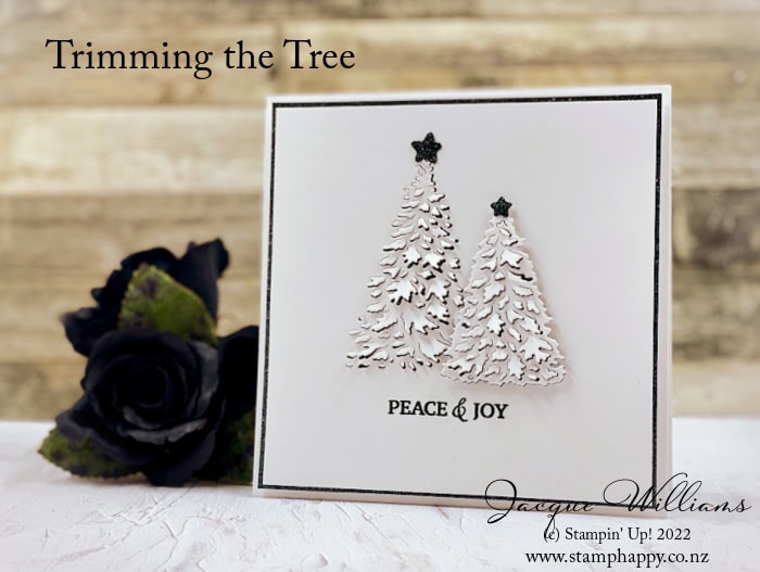 Make it in minutes! Trimming the Tree clean and simple Christmas Card with Evening Evergreen Glitter Paper.  