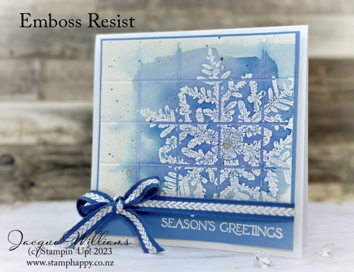 Try this fun and easy variation of the emboss resist technique!  Featuring the Snow Crystal stamp and Boho Blue