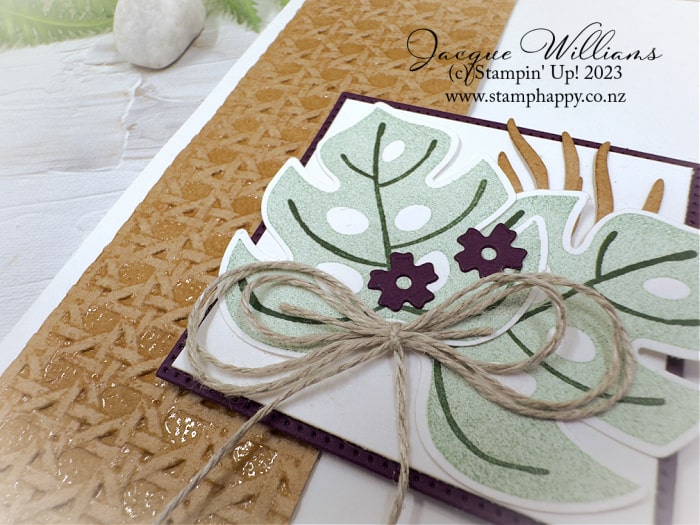 Create a quick card with this easy template and the Tropical Leaf stamp set and coordinating punch! with Jacque Williams