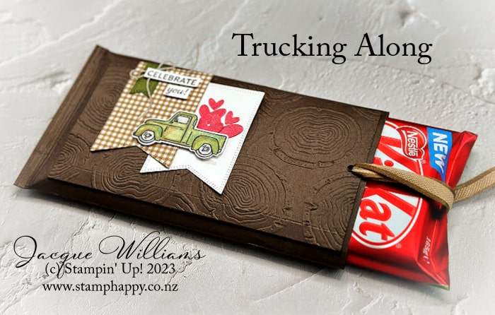 Create an easy chocolate gift with the Trucking Along bundle and the Stampin' Blends.  