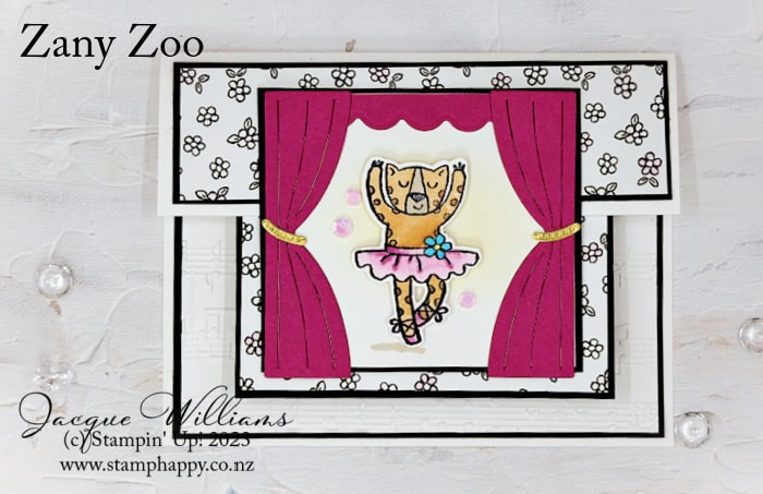 Create a cute kid's fun fold card wtih the zany zoo bundle and zoo crew papers.  Ballet and cat card fun! 