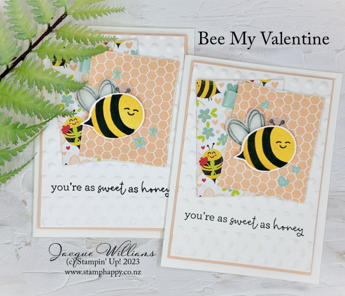 Make a cute, cute quick card with the Bee My Valentine bundle with punches and fun images. Plus I'll show you a unique way to include stamping on an embossed background! 