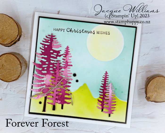 Forever forest summer Christmas card with masking technique anyone can do.  Jacque Williams