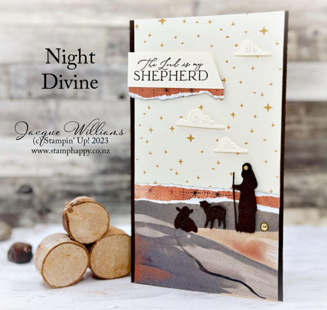 Create a beautiful nativity scene for a traditional Christmas card with the Night Divine bundle and the O, Holy Night papers.  Card in a minute