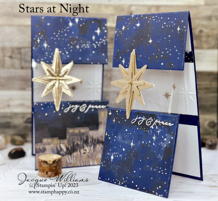 The Stars at Night in the O Holy Night Suite contains a beautiful hybrid embossing folder and gorgeous printed paper featuring bethlehem and starry night skies.  Split front Christmas card
