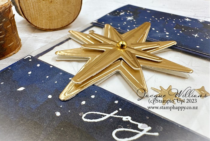 The Stars at Night in the O Holy Night Suite contains a beautiful hybrid embossing folder and gorgeous printed paper featuring bethlehem and starry night skies.  Split front Christmas card