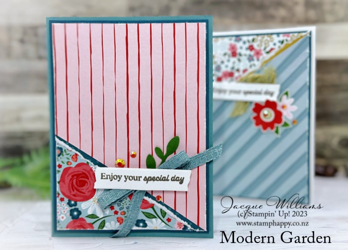  Feature both sides of your gorgeous Garden Walk papers with this fun card front idea!  Add a bit of stamping to bring the print through.  Make a stack!