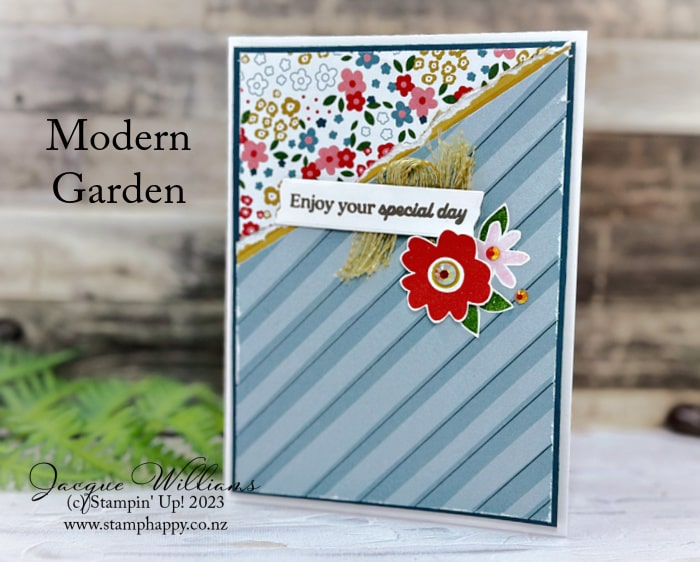 Feature both sides of your gorgeous Garden Walk papers with this fun card front idea!  Add a bit of stamping to bring the print through.  Make a stack!