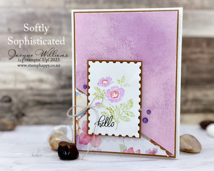 Try this diagonal cut card front, and showcase both sides of your pretty papers!  With the Flight and Airy papers and the Softly Sophisticated stamp set. 