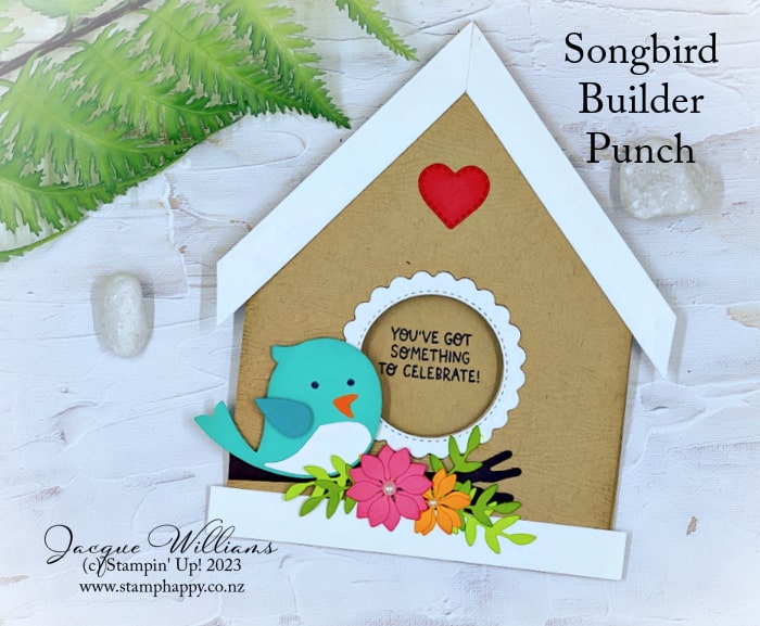 Create this adorable birdhouse card with just a few score lines! Featuring the Songbird Builder Punch and the Sweet Songbirds stamp set. Stampin' Up! New Zealand