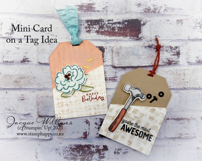 You'll love this fun tag idea with a mini card included!  Featuring the Trusty Tools bundle with Jacque Williams