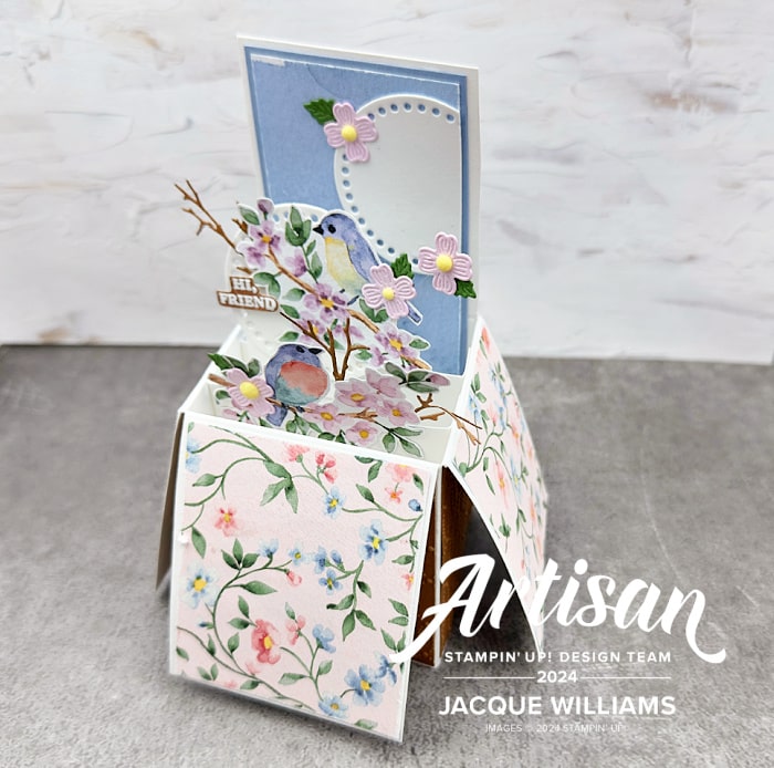 Free PDF template for this pop up box fun fold card! Featuring the Flight and Airy Designer Series Papers for a beautiful collection of birds and flowers. 