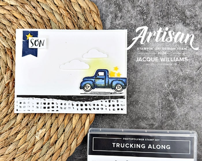 Try this great card idea for the next birthday or occasion where you want a non-floral card!  Featuring the Trucking Along bundle and the Rock and Roll papers.  