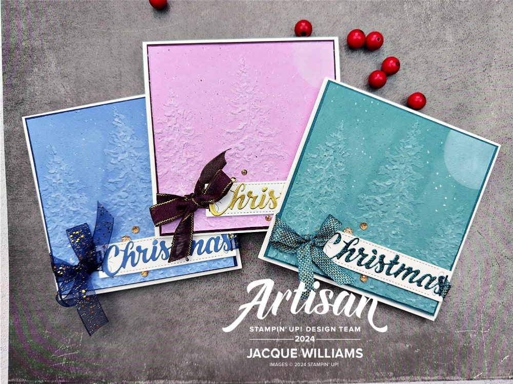 Make a beautiful and quick Christmas card with the Stampin' Up! Painted Trees Embossing Folder.  Keep it simple or step it up!  Card making classes with Jacque Williams in New Zealand.