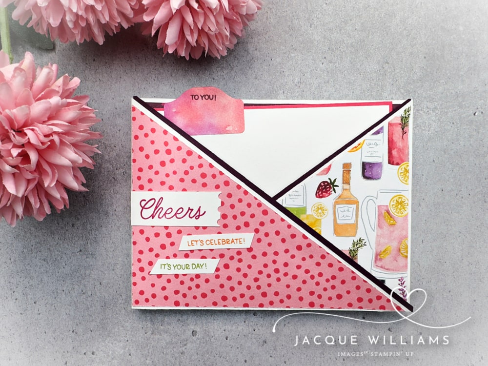 Make a unique celebration card with the Stampin' Up! Celebratory Sips in this unique Criss Cross Fun Fold style! with Jacque Williams - card classes in New Zealand