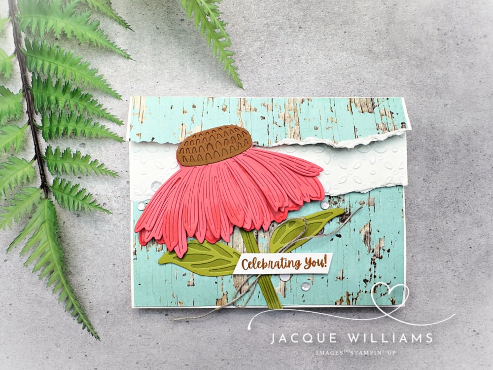 Try the Overlapping Panel fun fold card with the Stampin' Up! Coneflower Celebrations bundle to close. with Jacque Williams - New Zealand classes