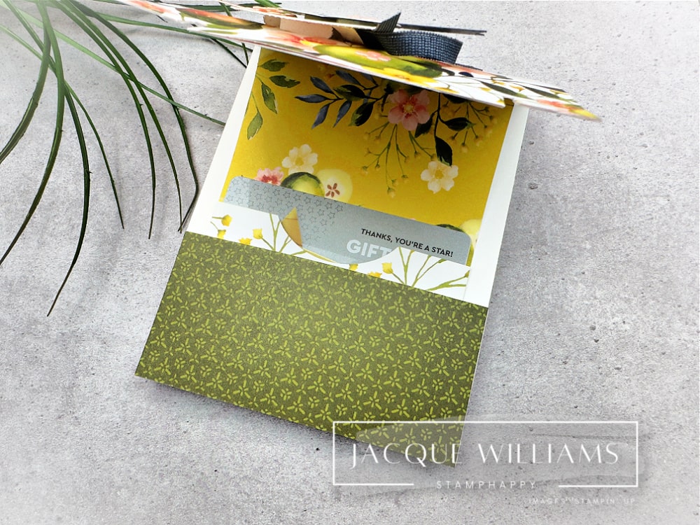 Pull-up gift card holder card crafted with Stampin’ Up! Painterly Pears Suite. Unique handmade cardmaking project perfect for gift cards, photos, or cash.